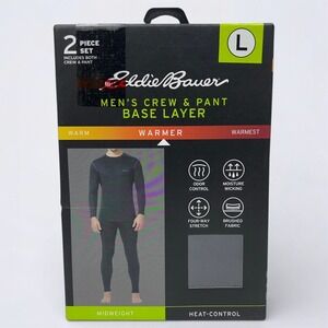 Eddie Bauer Crewneck Top & Pants Size Large Black Base Layer Midweight 2-Piece
